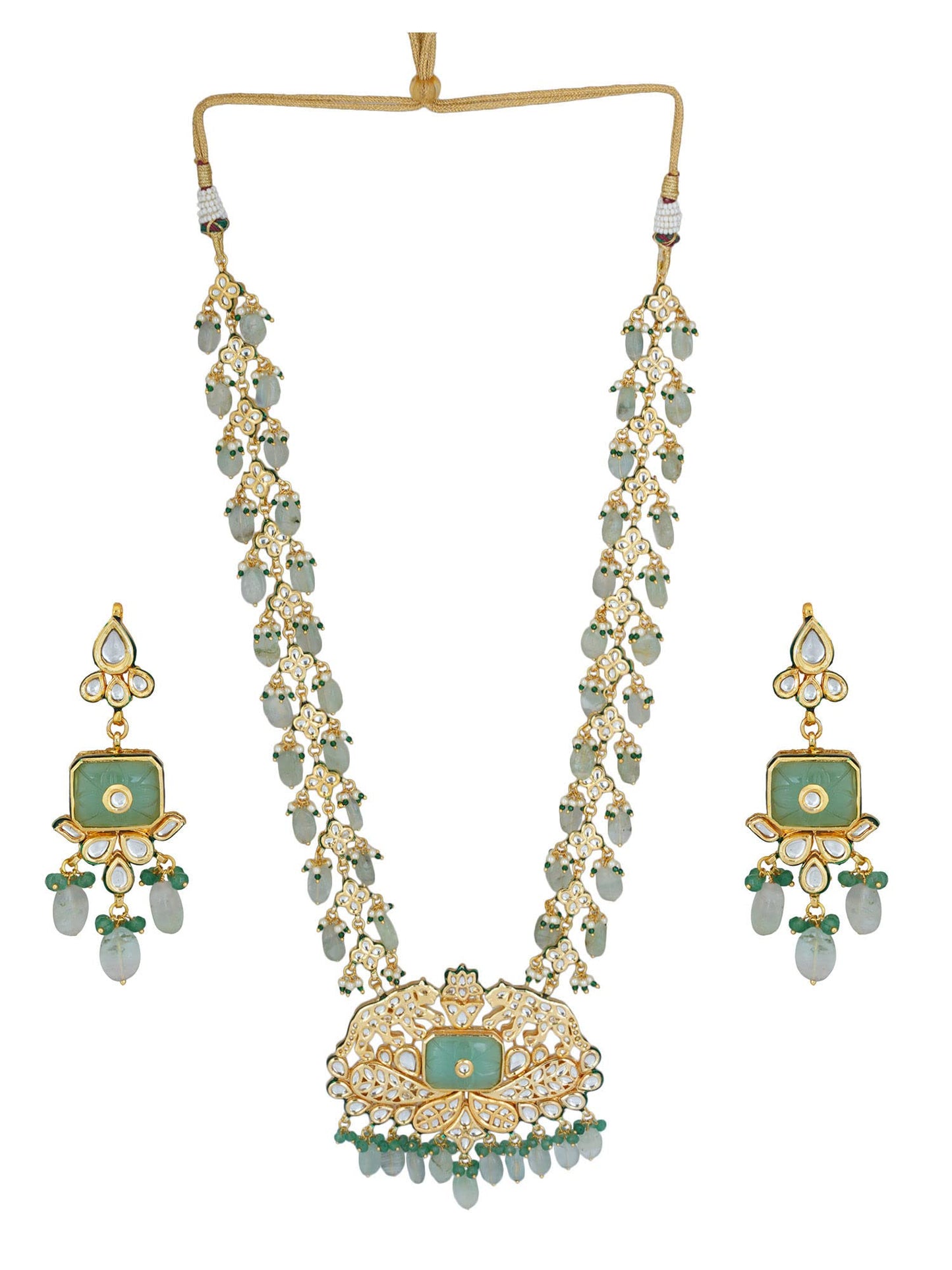 Elegant Long Kundan Necklace with Mint Quartz Beads-Bollywood Style