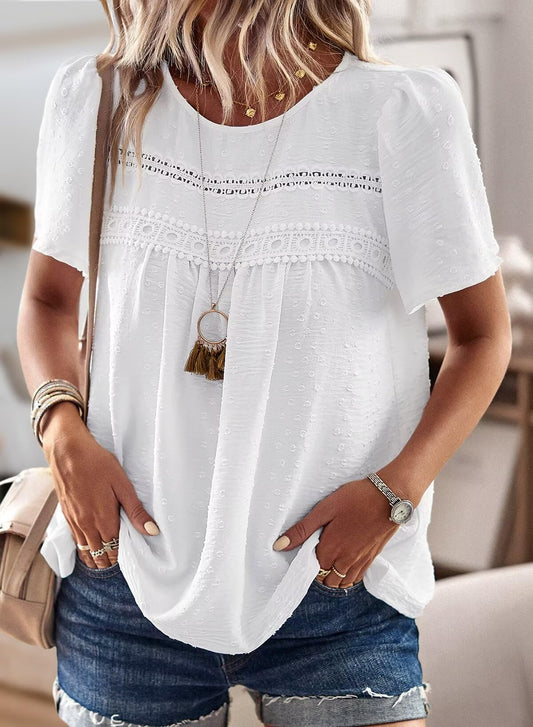 Crew Neck Lace Hem Basic Tee Shirts Flowy Chiffon