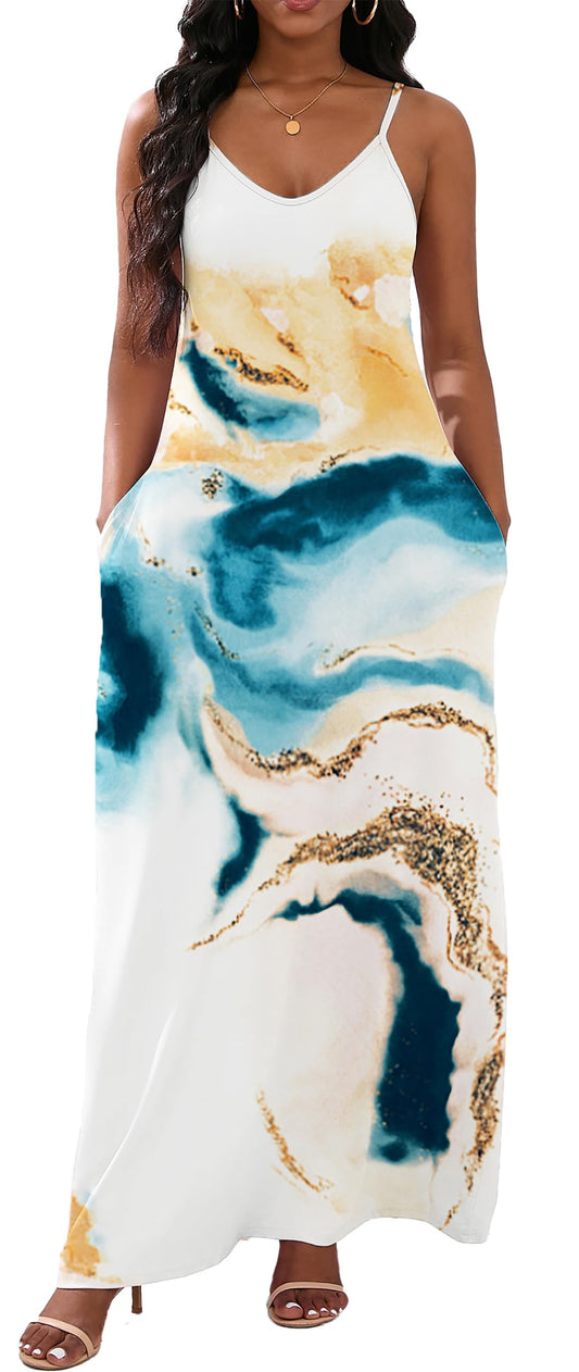 Milky White Blue Maxi Sexy Long Floor Length V-Neck Adjustable Spaghetti Strap Sleeveless