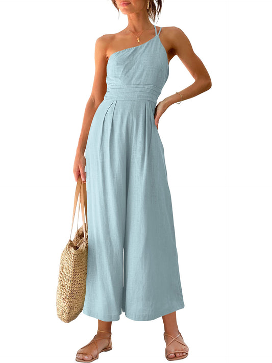 One Shoulder Pleated High Waist Casual Wide Leg Jumpsuit  with Pockets