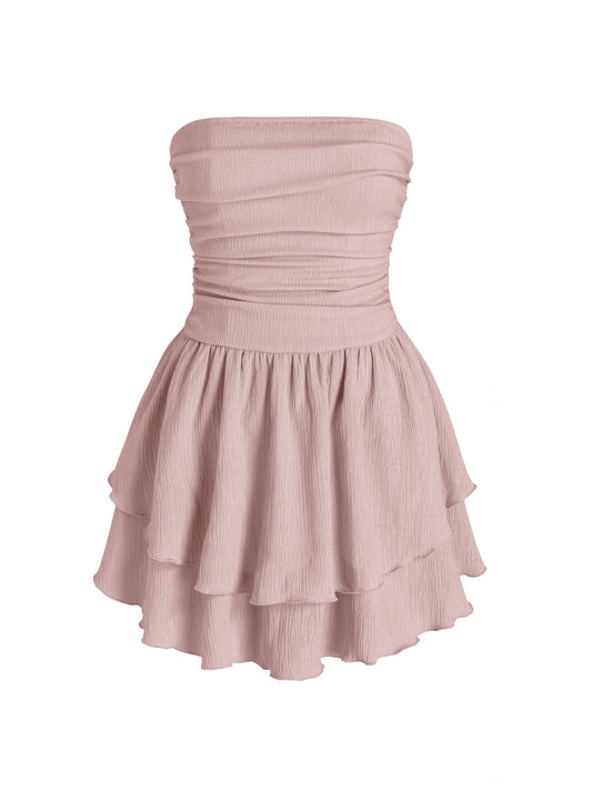 Summer Cocktail Dress - Tube Ruched Ruffle Mini Dress