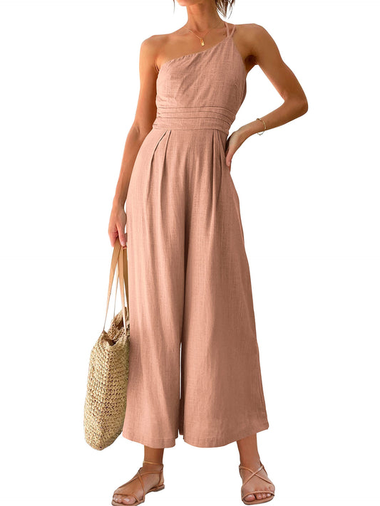 Straps One Shoulder Smocked Pleated Waist Casual Wide Leg Jumpsuit Romper with Pockets