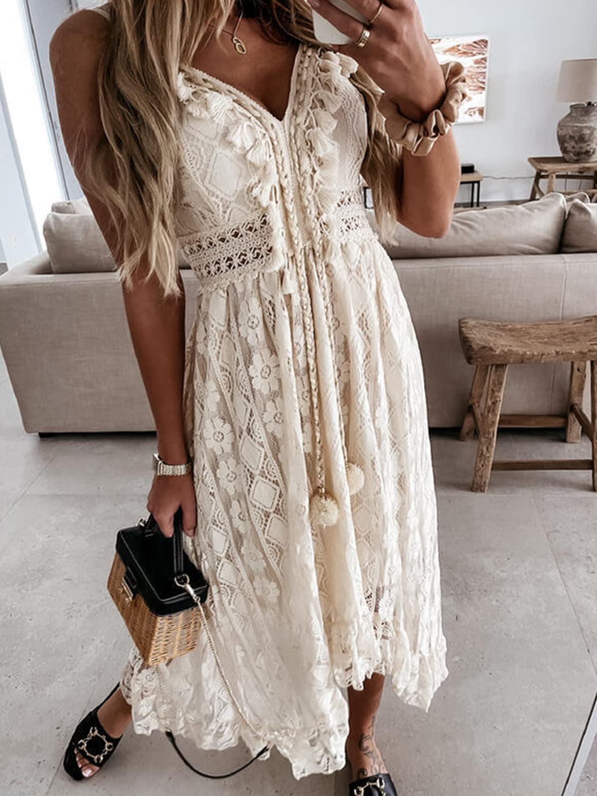 Summer Dresses Sleeveless Lace Casual Tassel Beach Spaghetti Straps