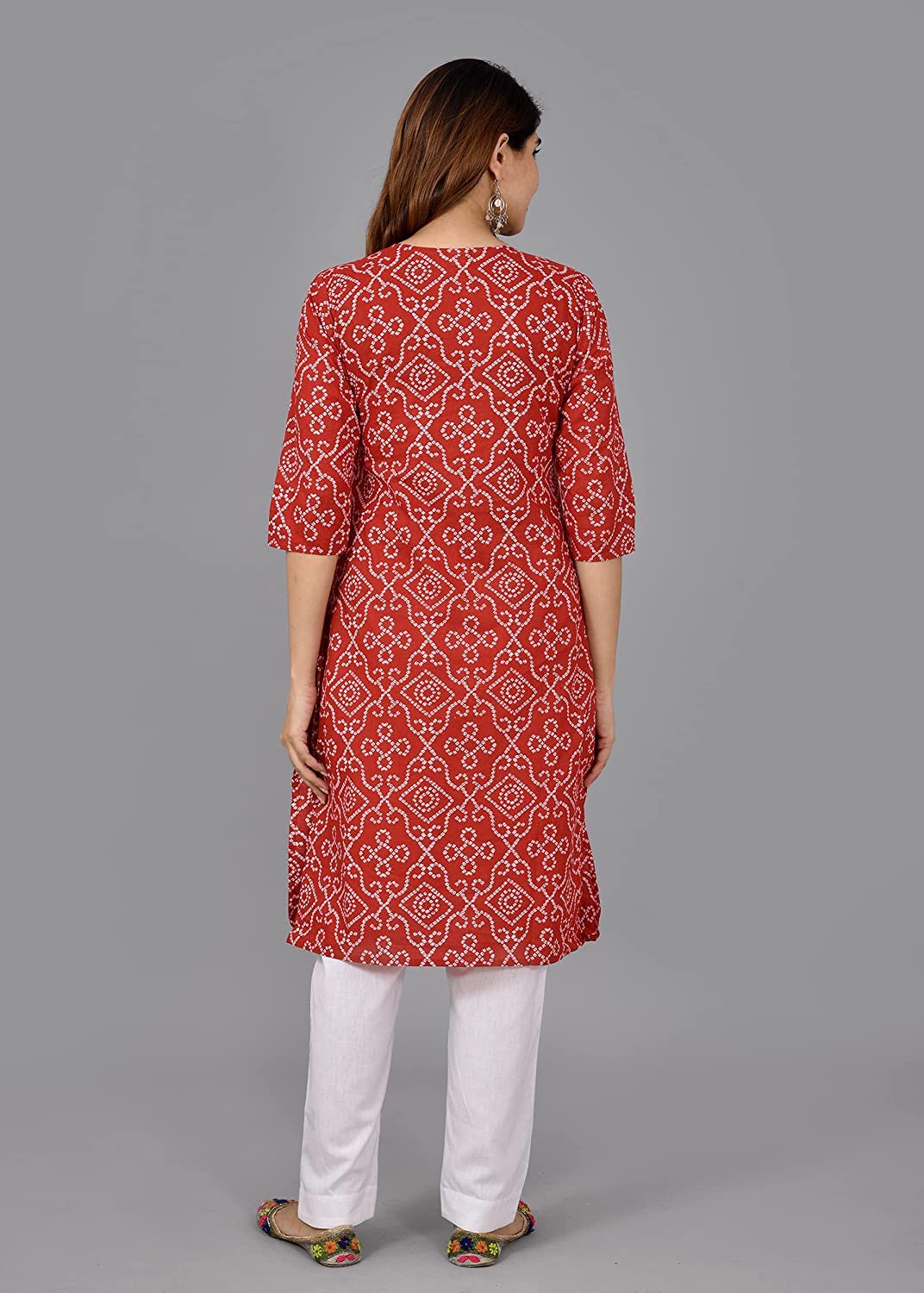 Straight Kurta Set Yoke Embroidery Red Kurti With White Pant and Chiffon Dupatta