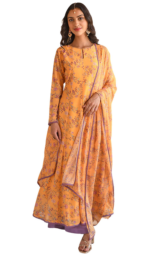 Yellow Flowy Printed Kurti Festive Evening wear Kurta Set with Dupatta