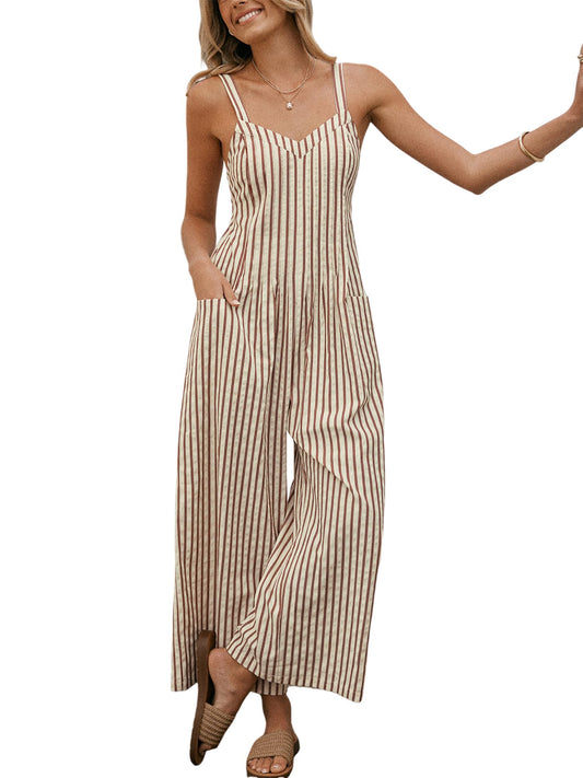 Striped Spaghetti Straps Sleeveless Smocked Cutout Back Wide Leg Summer Casual Jumper