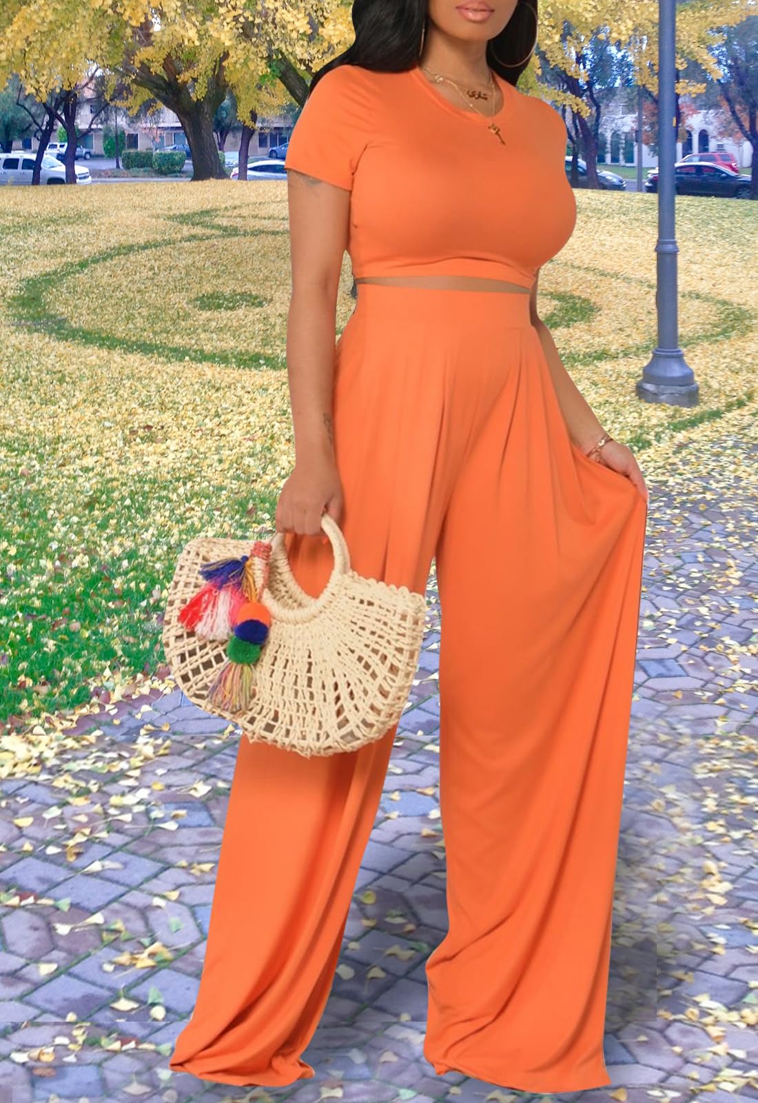 Casual Summer 2 Piece Outfits Short Sleeve Crop Top Wide Leg Pants Set Jumpsuits