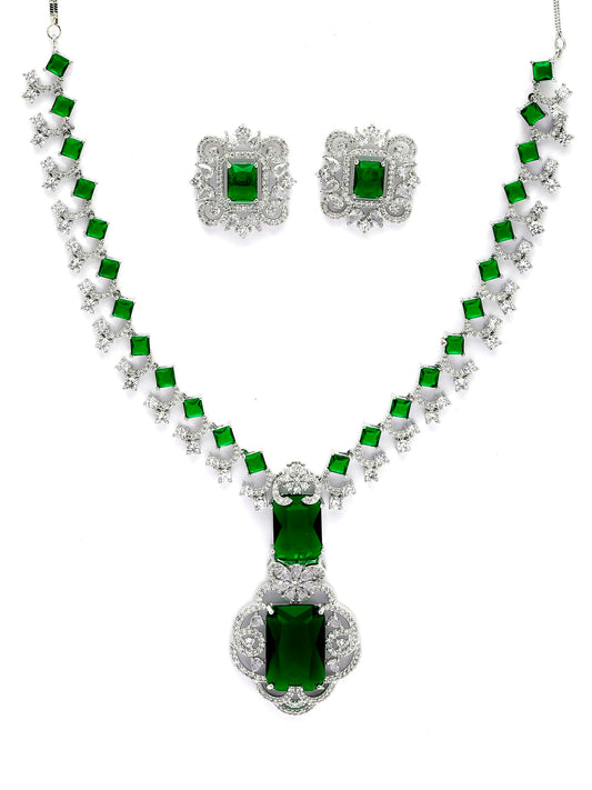 Silver Tone Green American Diamond Studded Necklace Set for Women