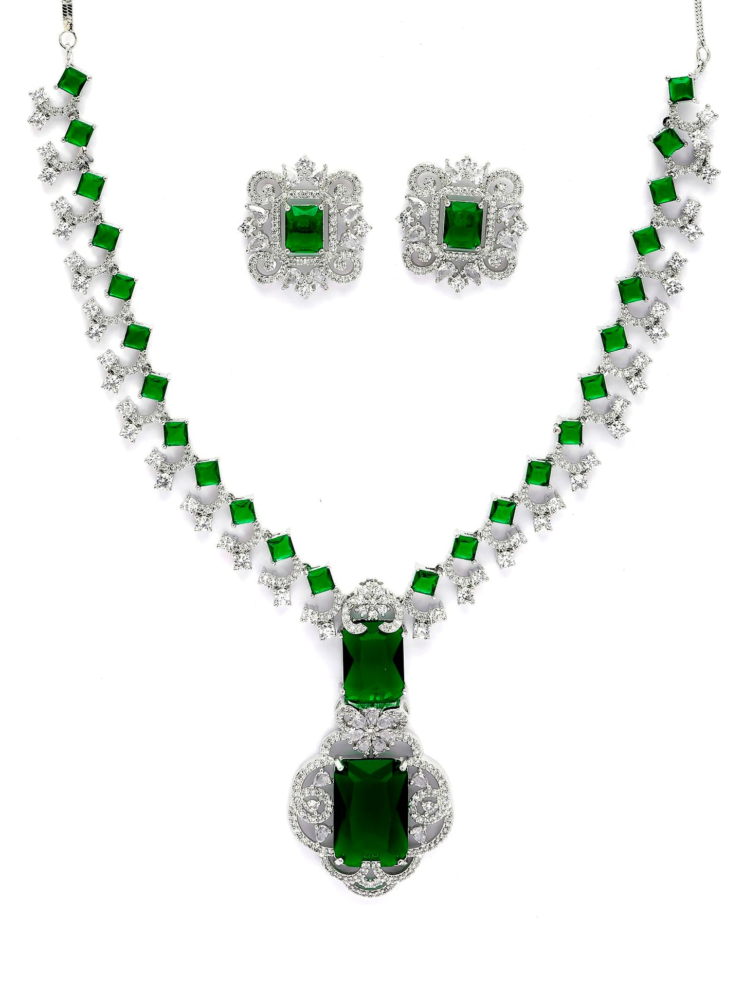 Silver Tone Green American Diamond Studded Necklace Set for Women