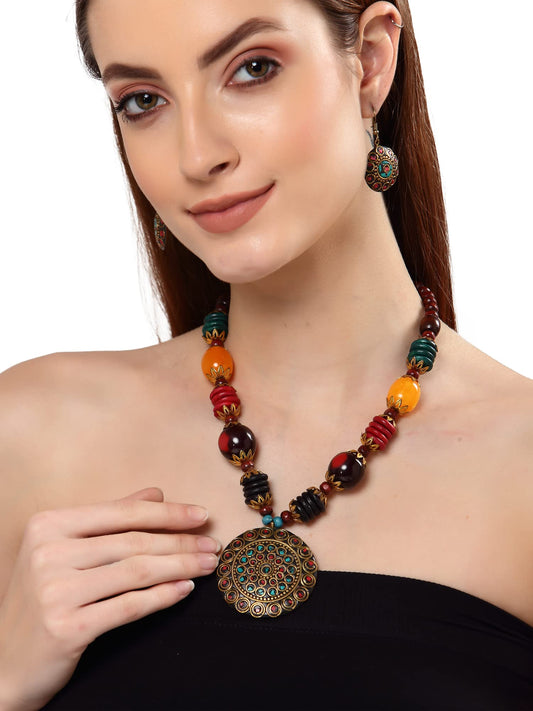 Latest Stylish Traditional Tibetan Pendant Necklace Jewellery Set for Women