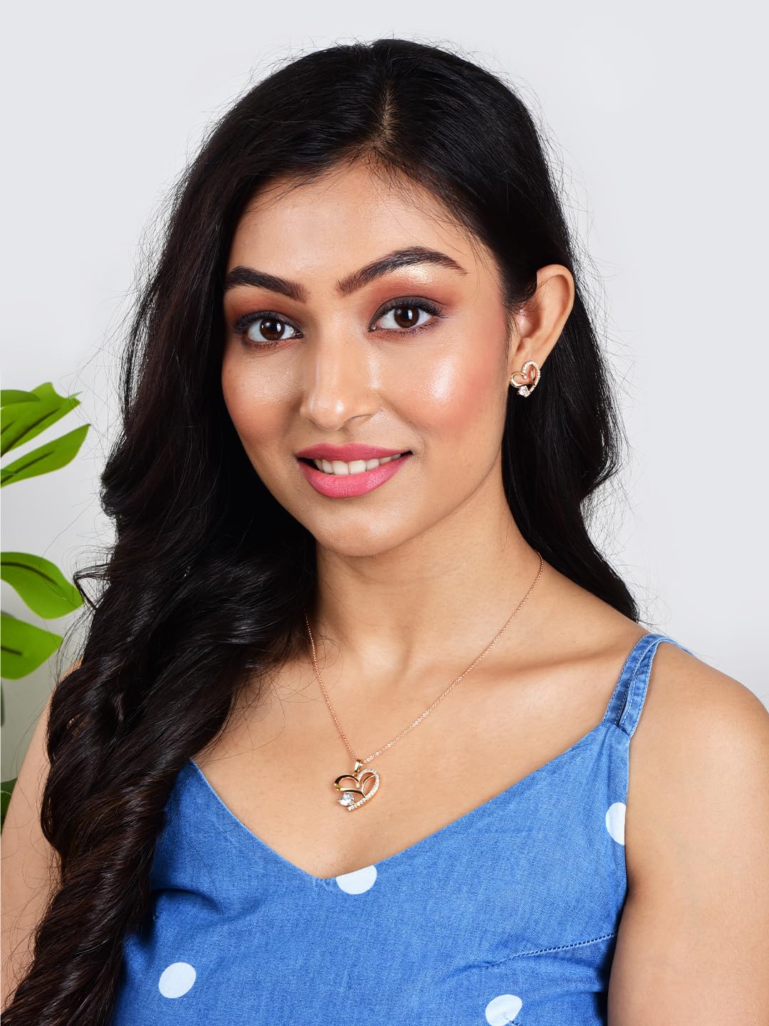 Stylish 18k Rose Gold Plated American Diamond Chain Pendent Necklace & Earrings Set for Women & Girls, Luxury AD Pendant Gift Set for Women, Girls & Her
