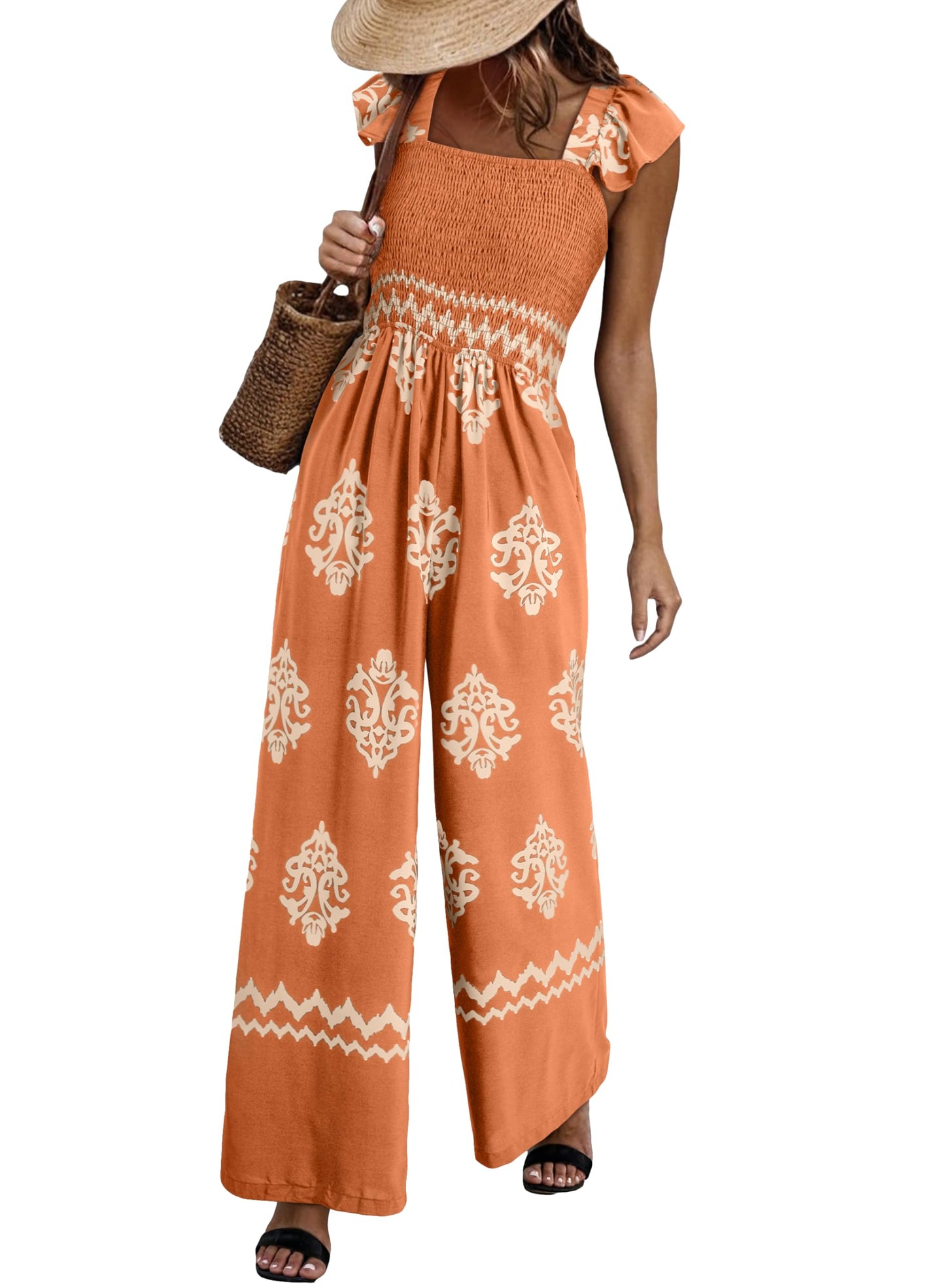 Summer Floral Print Maternity Jumpsuit Loose Fit Wide Leg Long Pant Womens Jumpers and Rompers with Pockets Fashion 2025 Orange Large