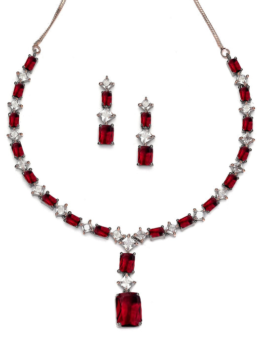 Pink American Diamond Studded Rose Gold Plated Necklace Set for Women