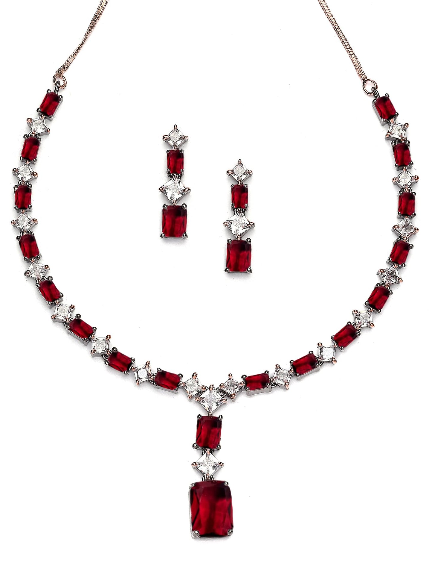 Pink American Diamond Studded Rose Gold Plated Necklace Set for Women