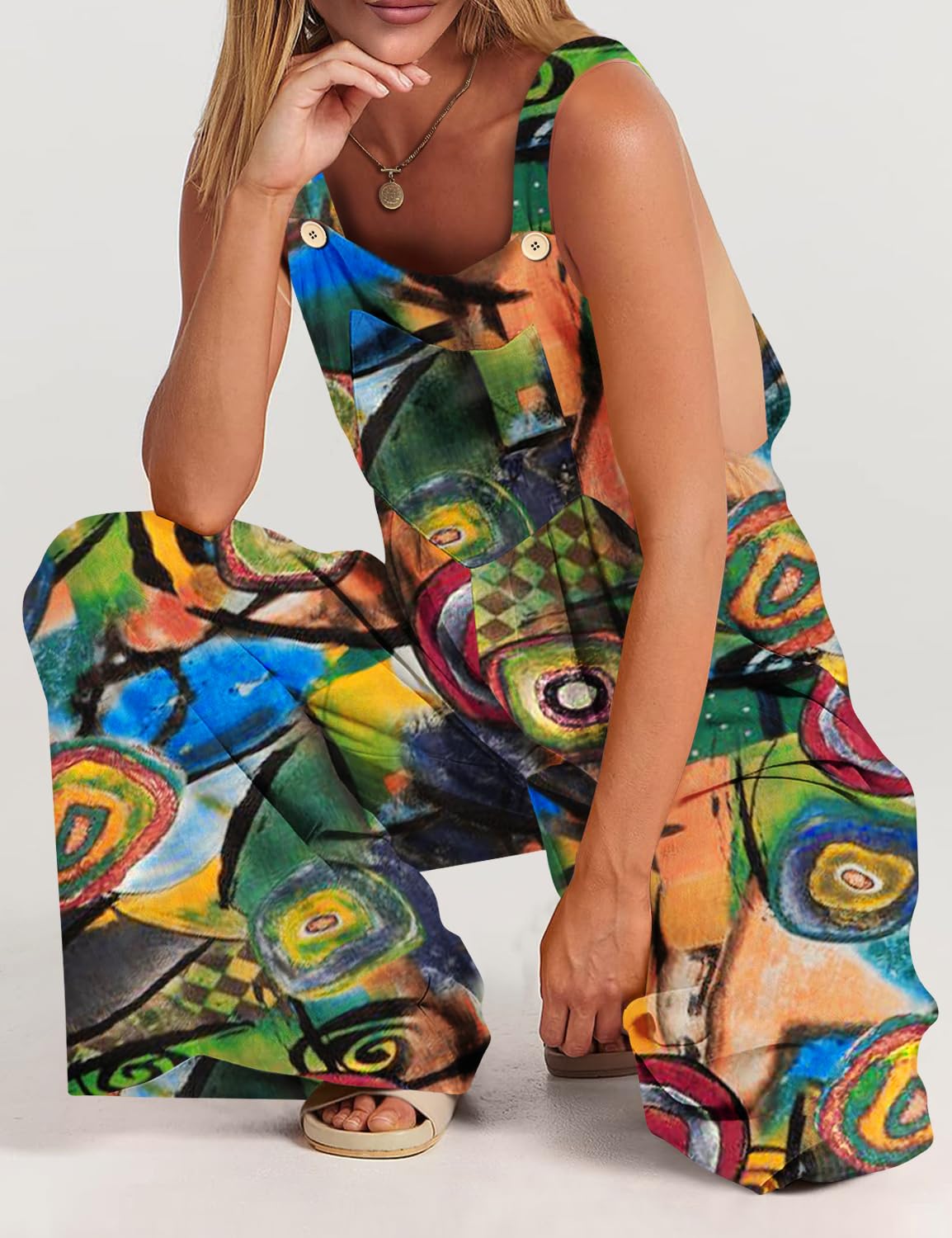 Casual Loose Bib Pants Floral Wide Leg Jumpsuits with Pockets
