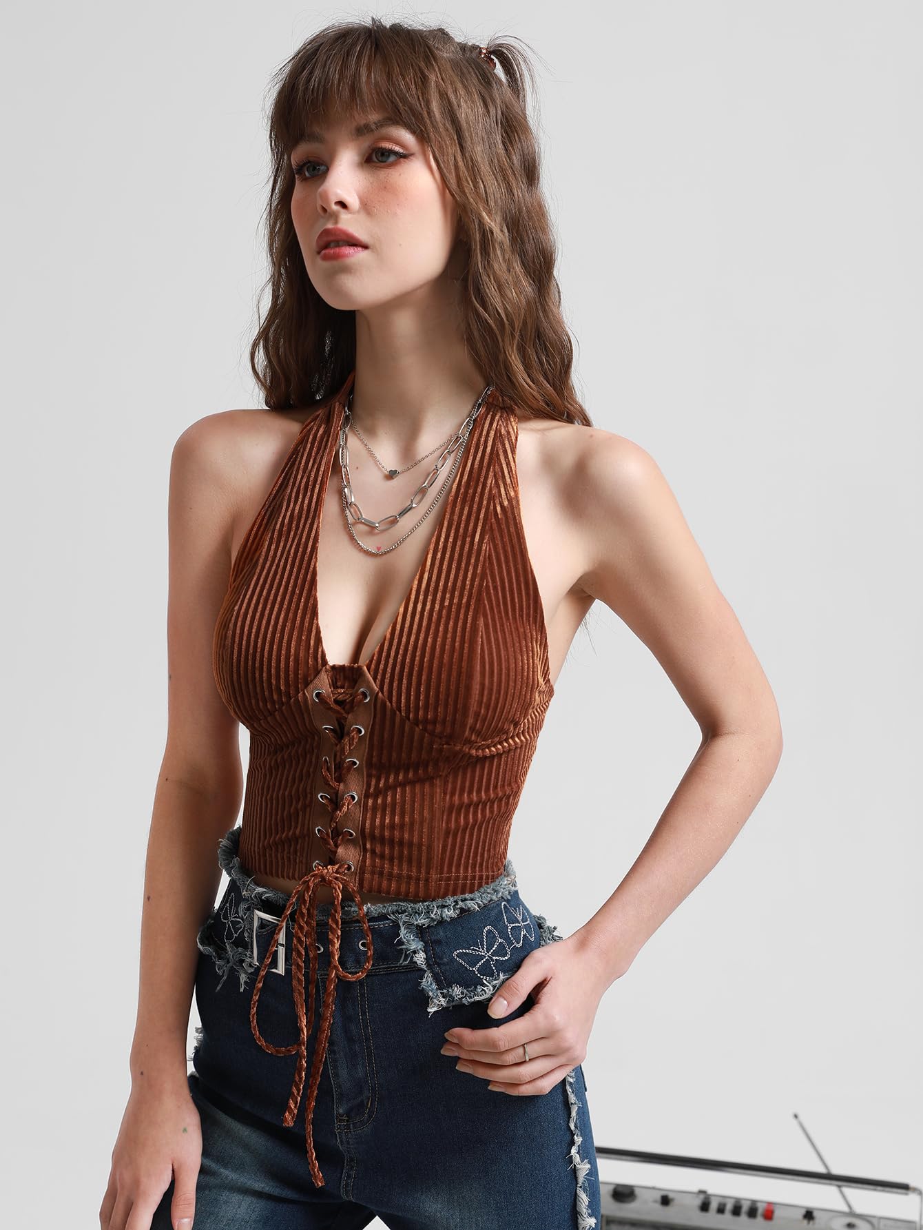 Going Out Halter Corset Tops Sleeveless Lace Up Open Back Crop Top