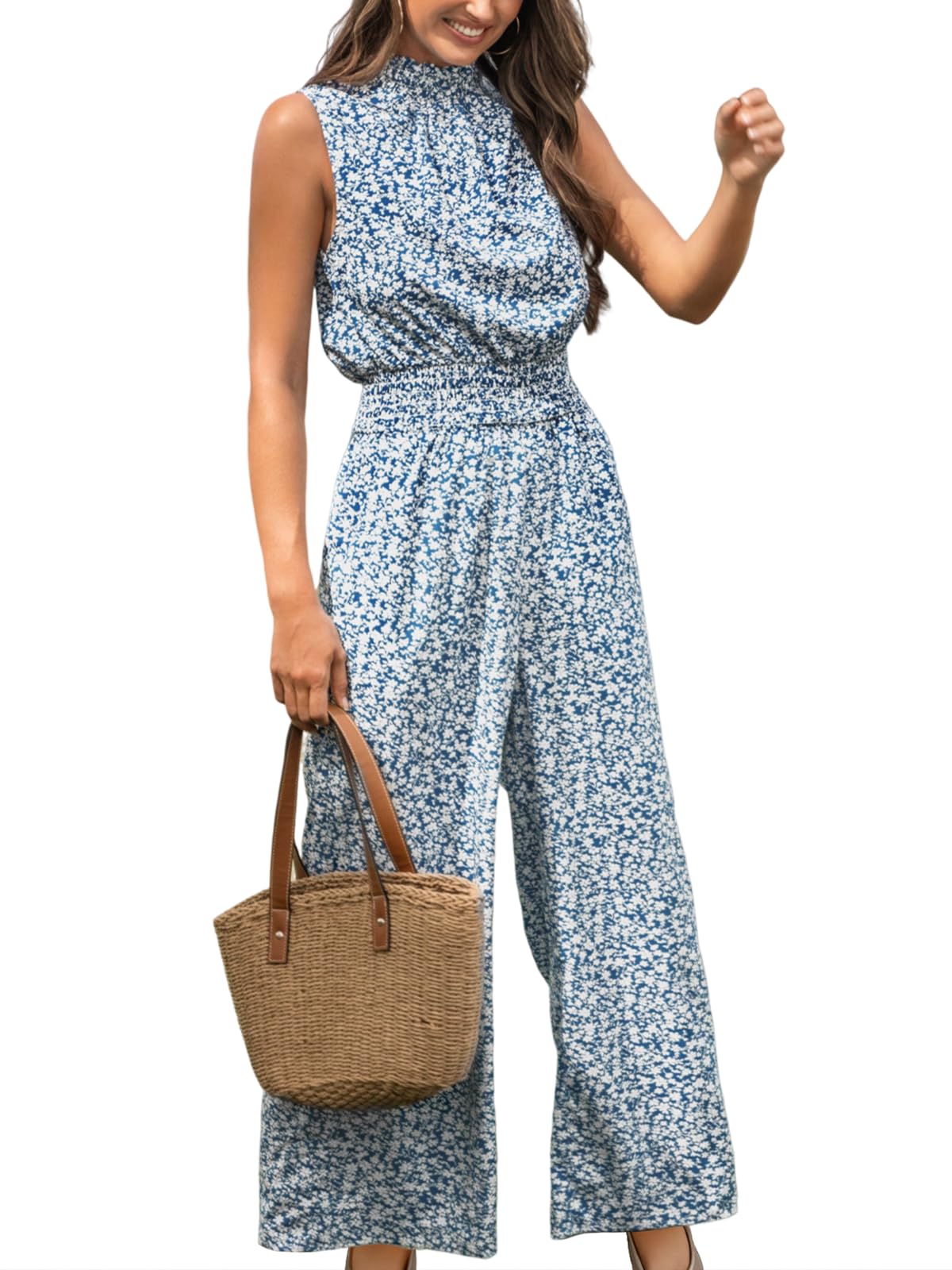 Floral Jumpsuits Dressy with Pocket Mock Neck Wide Leg