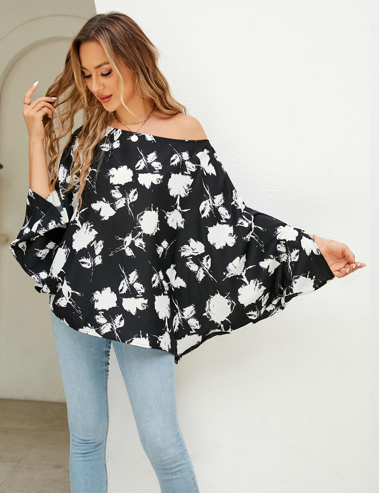 Off The Shoulder Flowy Tops Casual Batwing Sleeves