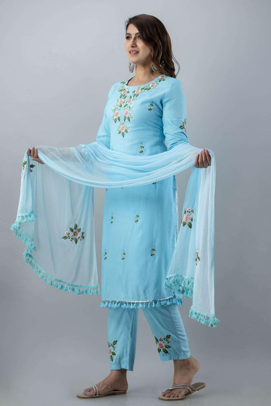 Ethnic Wear Collection Rayon Straight Embridered Kurti & Pant Set With Dupatta Readymade Salwar Suit For Women Casual