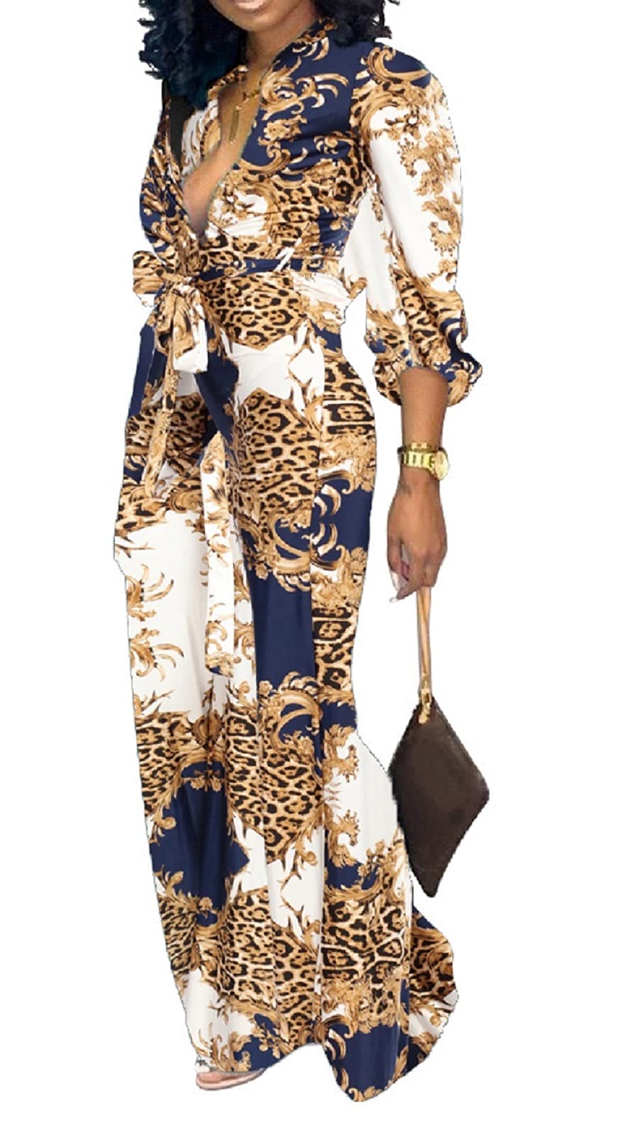 Floral Leopard Jumpsuits Long Sleeve Long Straight Pants with Pockets Belt