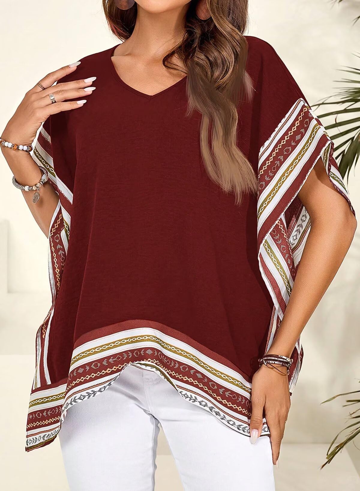 Women's Casual V Neck Floral Tops Batwing Sleeve Loose Fitting Shirts  Flowy Side Slit Tees