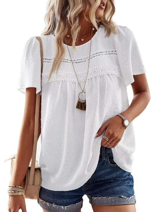 Crew Neck Lace Hem Basic Tee Shirts Flowy Chiffon