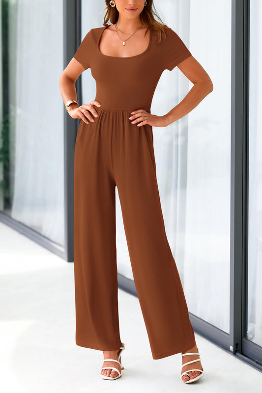 Dressy Casual Short Sleeve Square Neck Wide Leg Jumpsuit Rompers