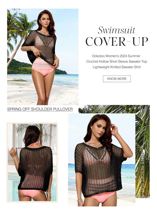 Womens Summer Scoop Neck Short Sleeve Sweater Casual Crochet Hollow Out Knit Tops Pullover Shirts Beach Coverup