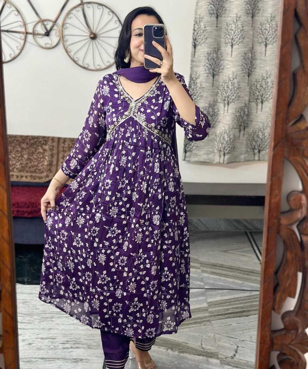 Flower Printed Alia Cut Kurti Pant and Dupaata Set