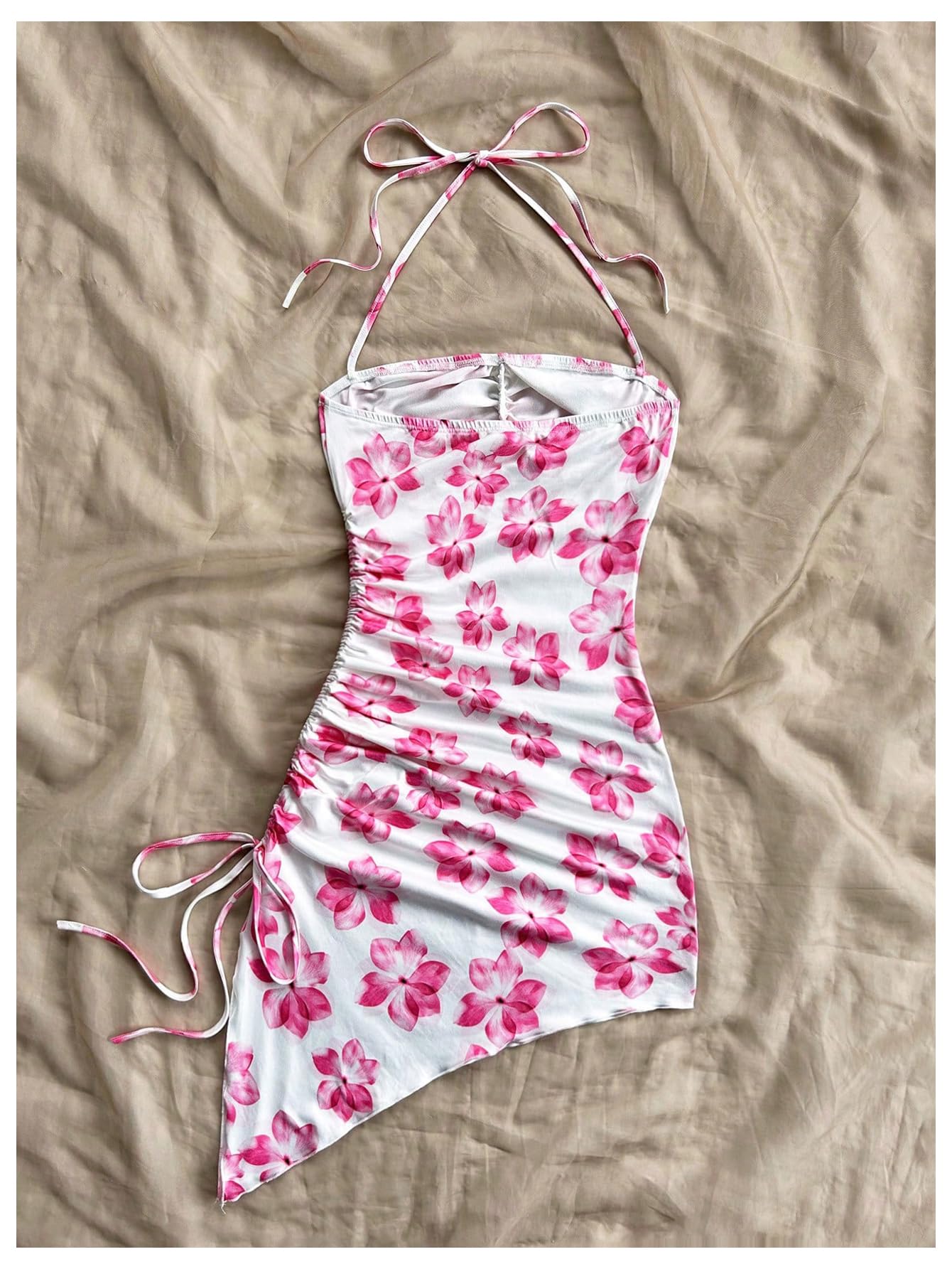 Floral Print Halter Dress Sleeveless Drawstring Asymmetrical Hem Bodycon Dress