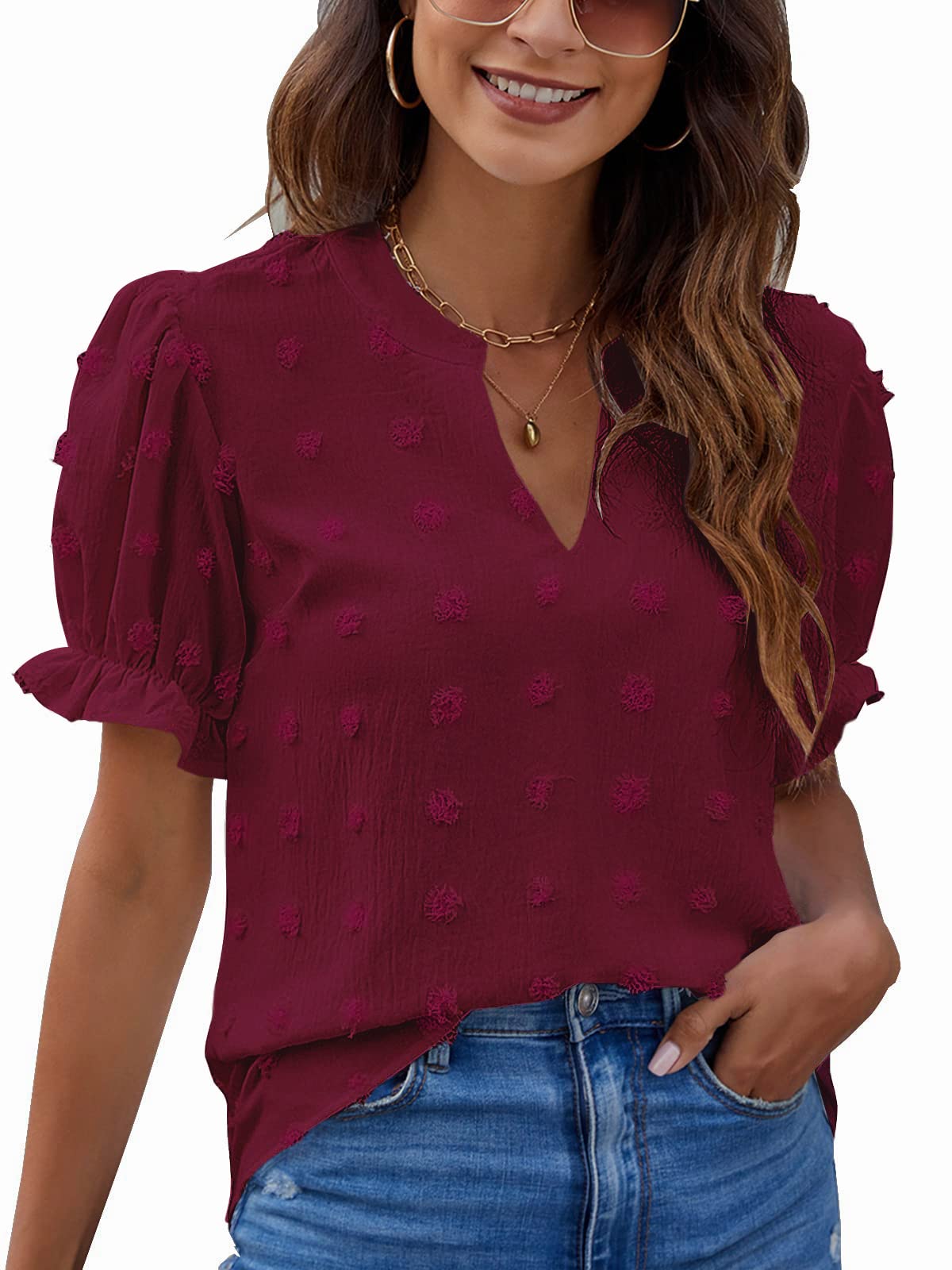 Women's Puff Sleeve Casual Tops Fashion White Polka Dot