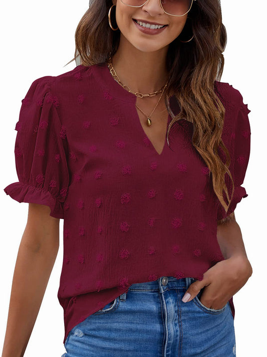 Women's Puff Sleeve Casual Tops Fashion White Polka Dot