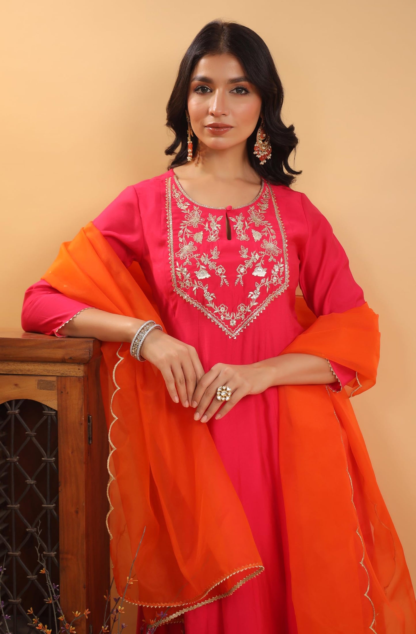 Anarkali Pink Yoke Embroidery Festive Calf Length Kurti Set