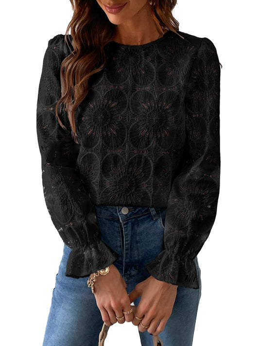 Women Eyelet Long Sleeve Tops Shirts Dressy Hollow Out Crochet Lace Embroidered
