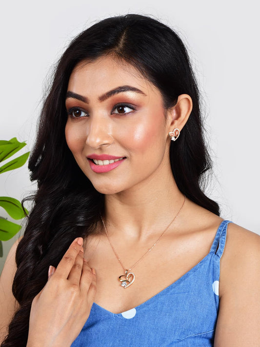 Stylish 18k Rose Gold Plated American Diamond Chain Pendent Necklace & Earrings Set for Women & Girls, Luxury AD Pendant Gift Set for Women, Girls & Her