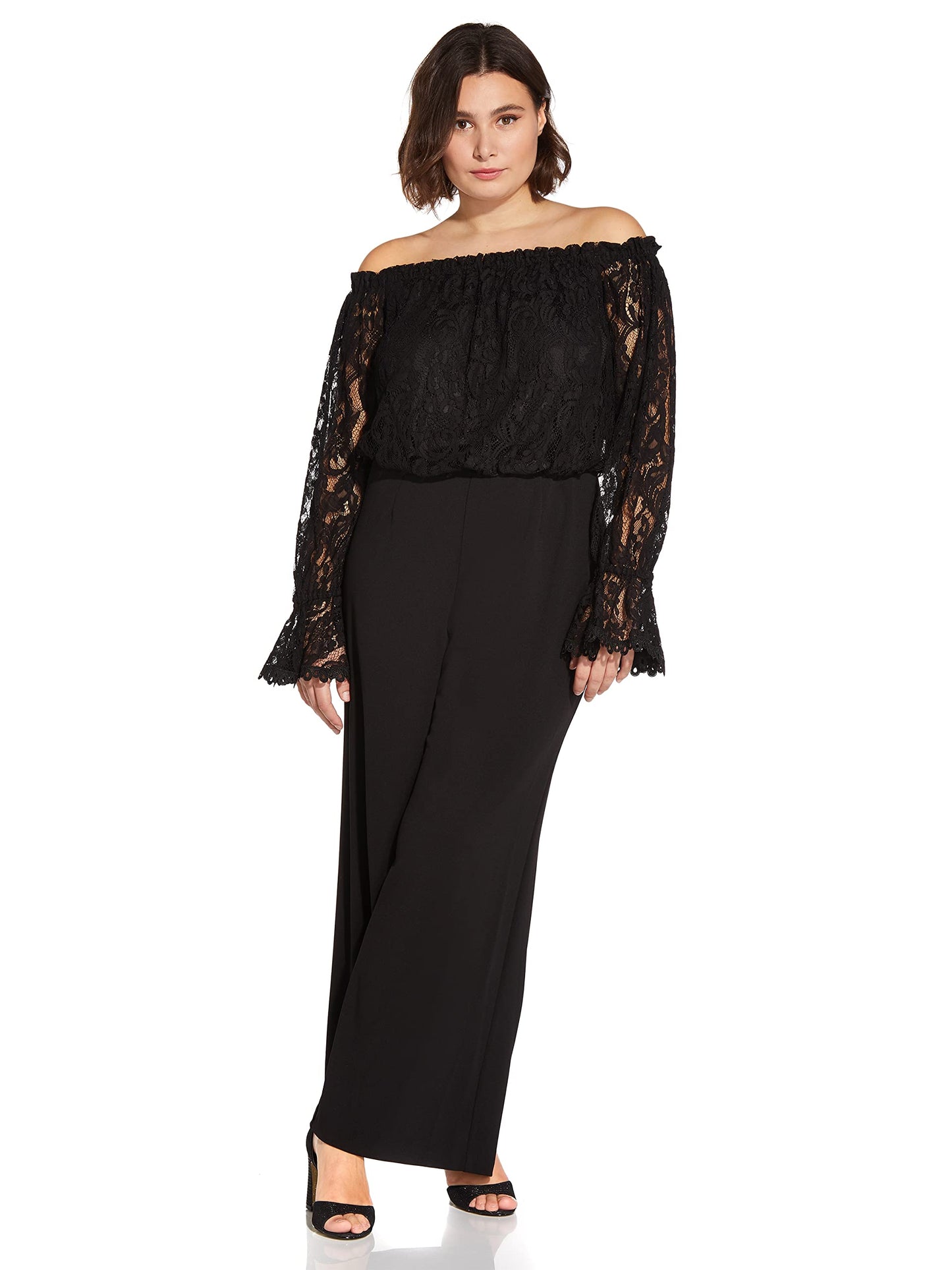 Knit Crepe Wide Leg Jumpsuit with Off the Shoulder Lace Top