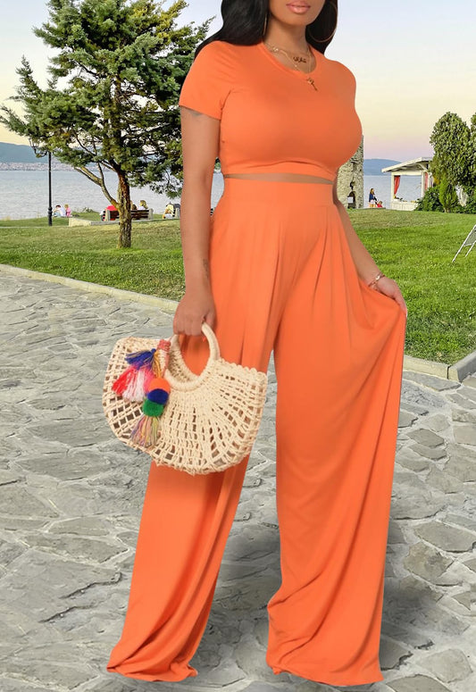 Casual Summer 2 Piece Outfits Short Sleeve Crop Top Wide Leg Pants Set Jumpsuits