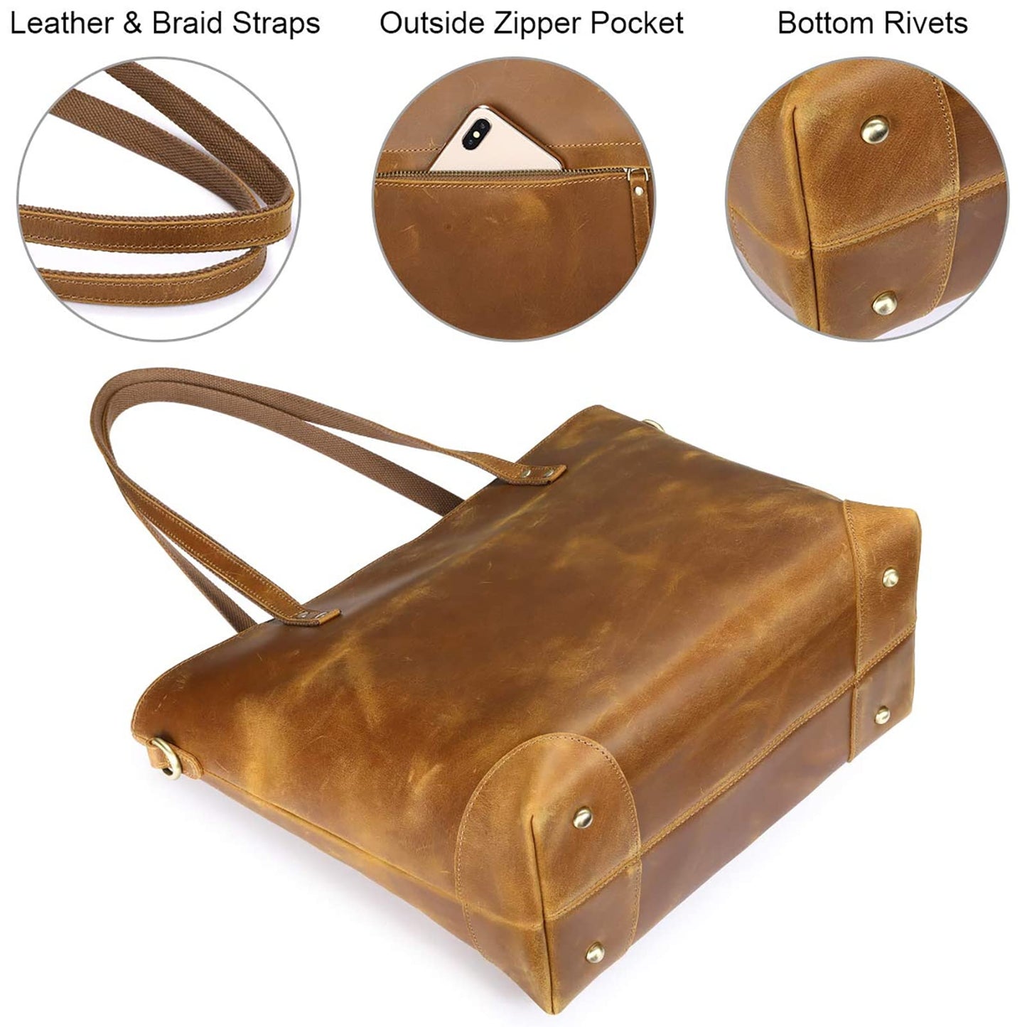Vintage Genuine Leather Shoulder Laptop Bag Work Totes for Women Purse Handbag with Back Zipper Pocket
