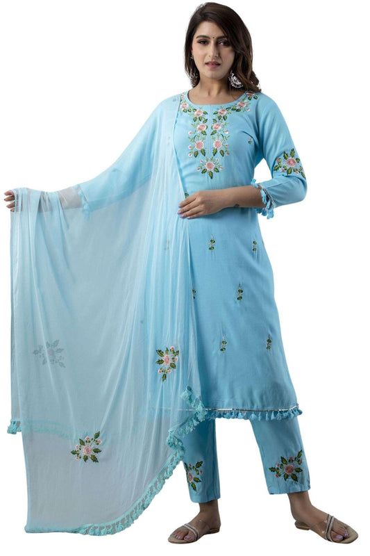 Ethnic Wear Collection Rayon Straight Embridered Kurti & Pant Set With Dupatta Readymade Salwar Suit For Women Casual