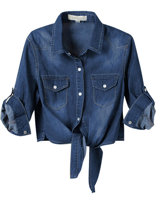Women's 3/4 Sleeve Denim Crop Top Tie Knot Shirt Cardigan