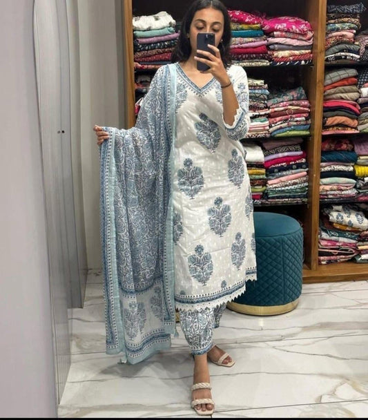 Cotton Indigo Hand Block Printed Kurta Pant With Dupatta