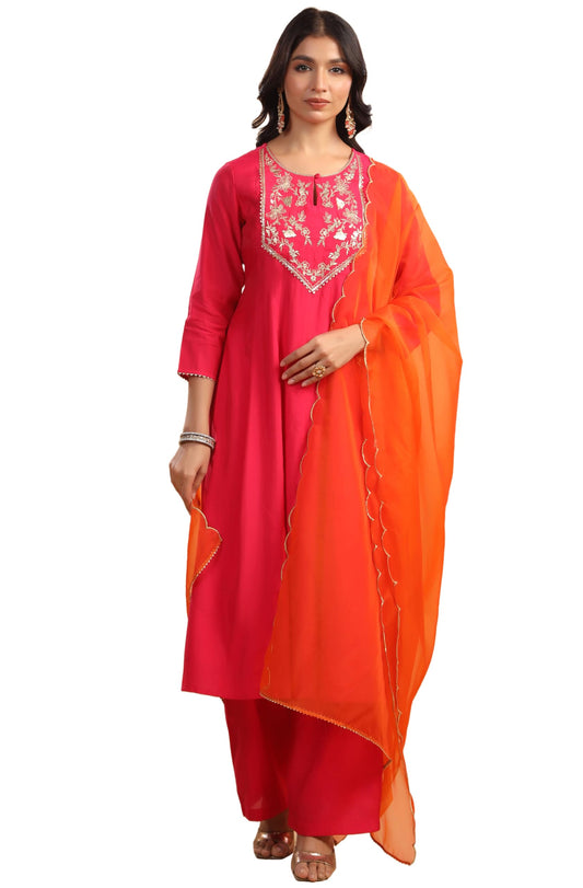 Anarkali Pink Yoke Embroidery Festive Calf Length Kurti Set