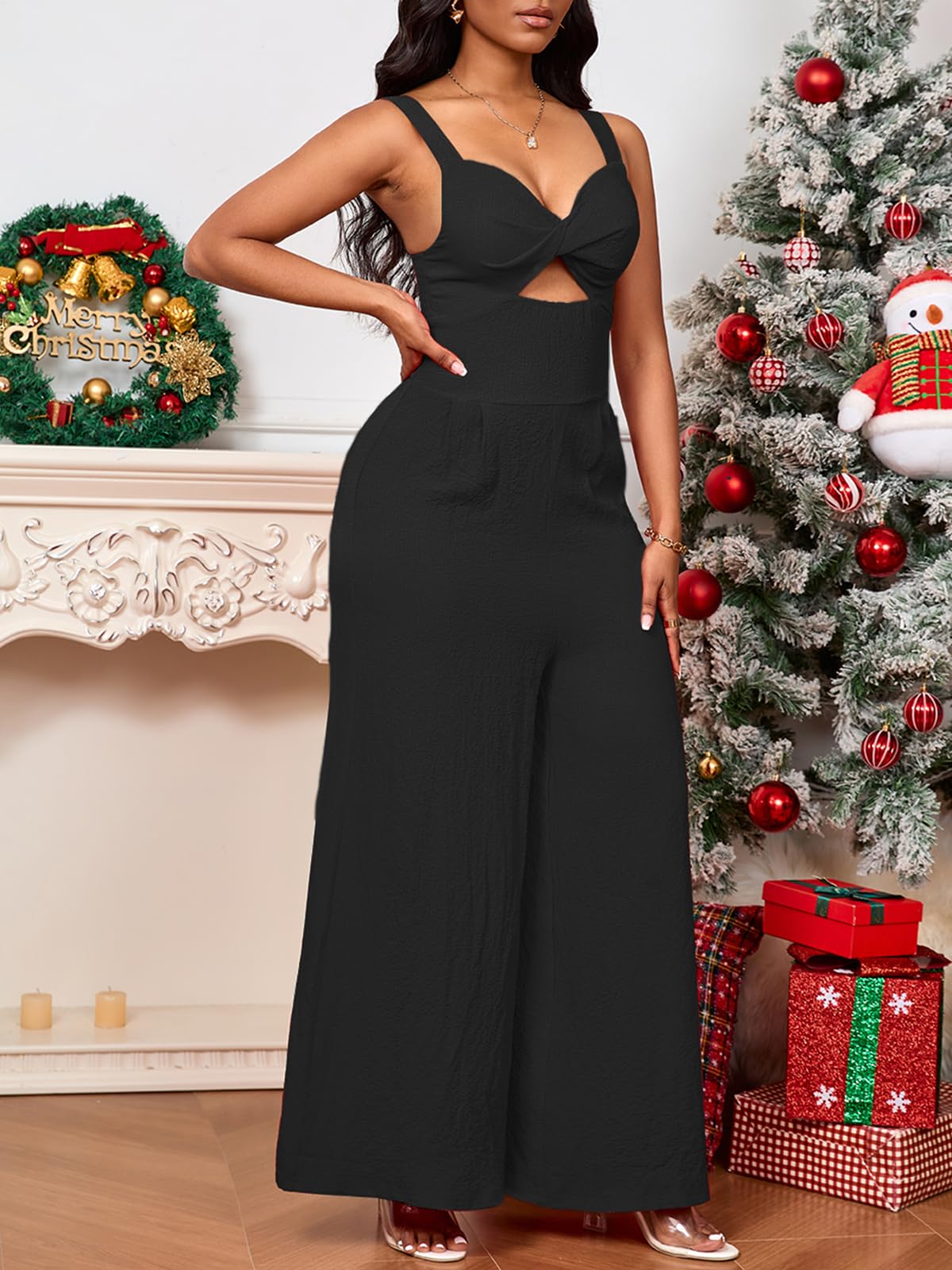 Criss Cross Jumpsuits Sleeveless V Neck Cutout Wide Leg Long length
