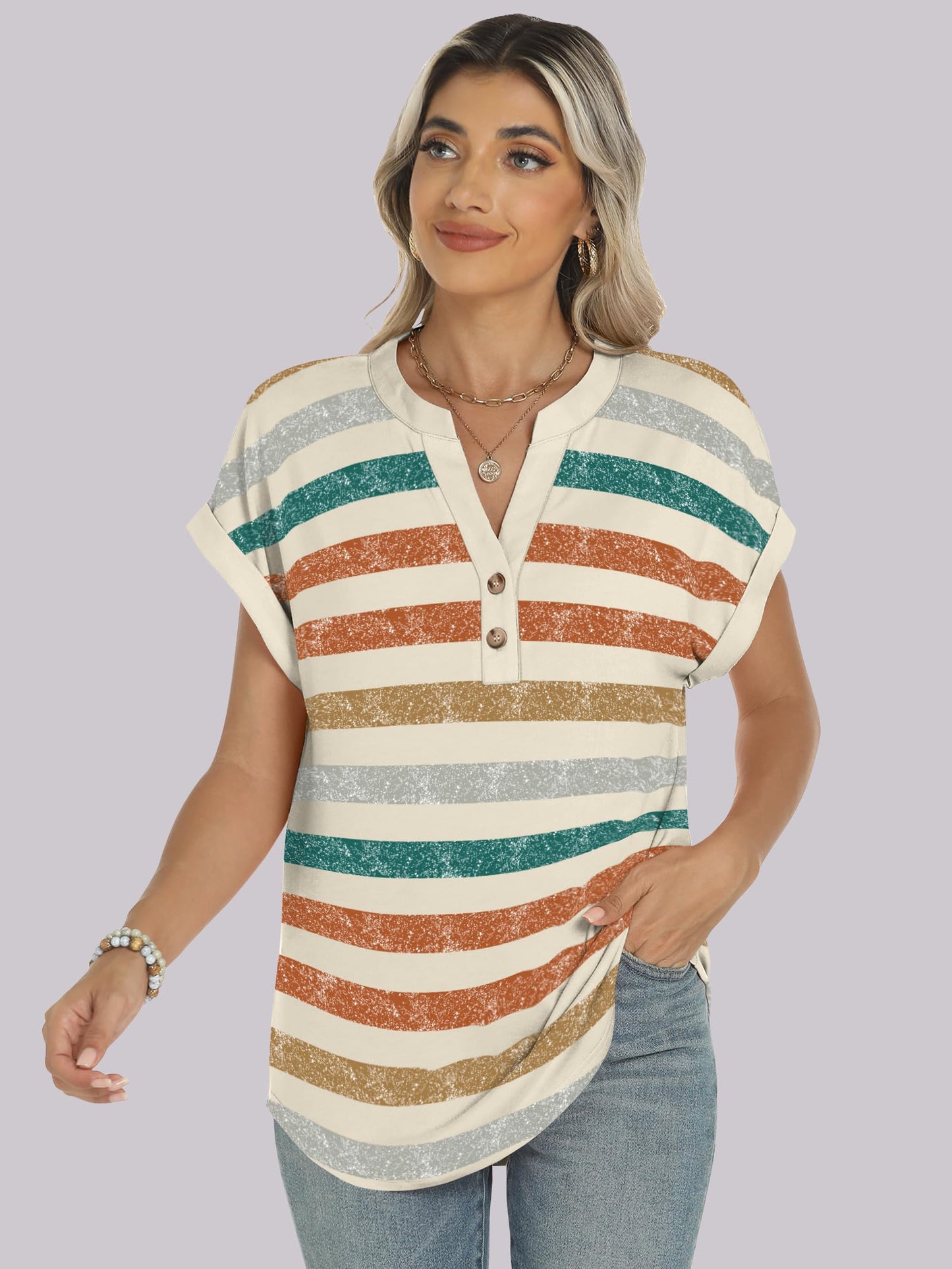 Short Sleeve Henley Tops V Neck Dressy Casual Loose Fit Shirts