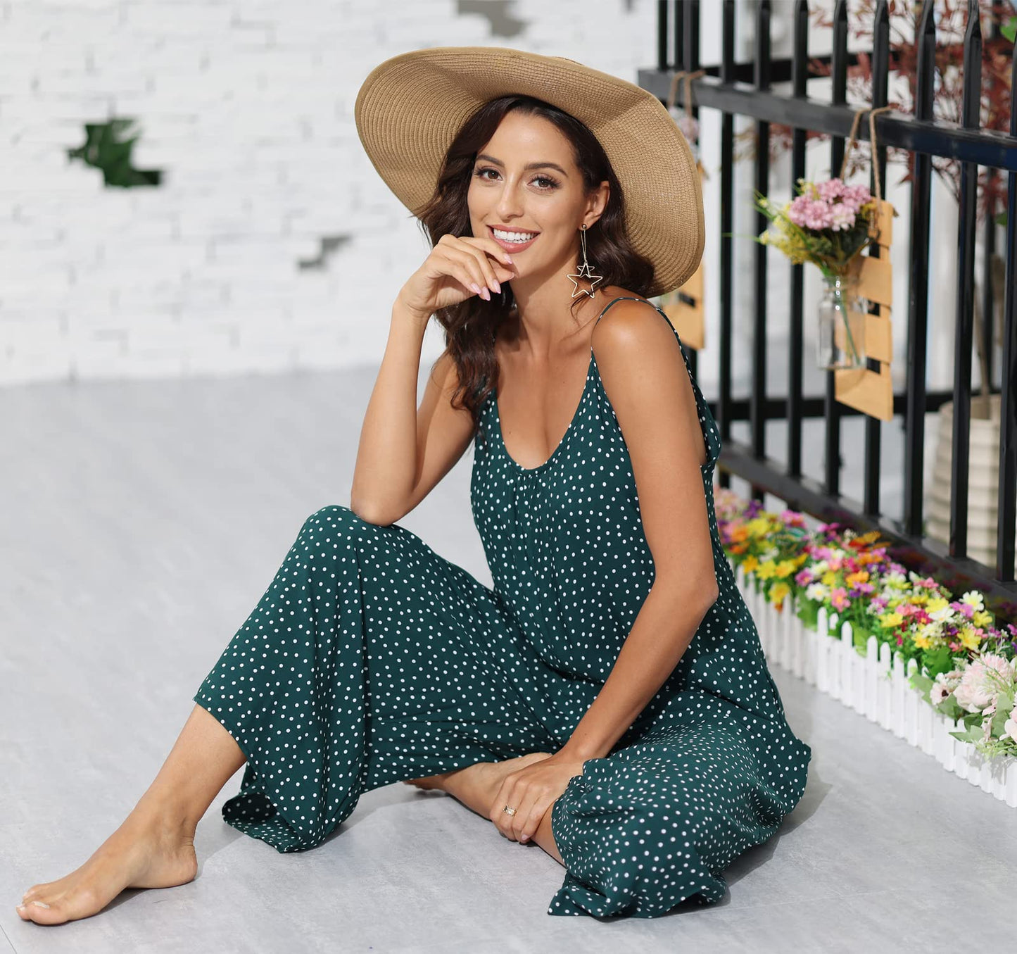 Floral Printed Jumpsuits Sleeveless Spaghetti Strap Rompers Wide Leg Pants with Two Pockets