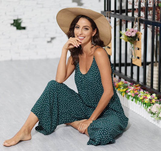 Floral Printed Jumpsuits Sleeveless Spaghetti Strap Rompers Wide Leg Pants with Two Pockets