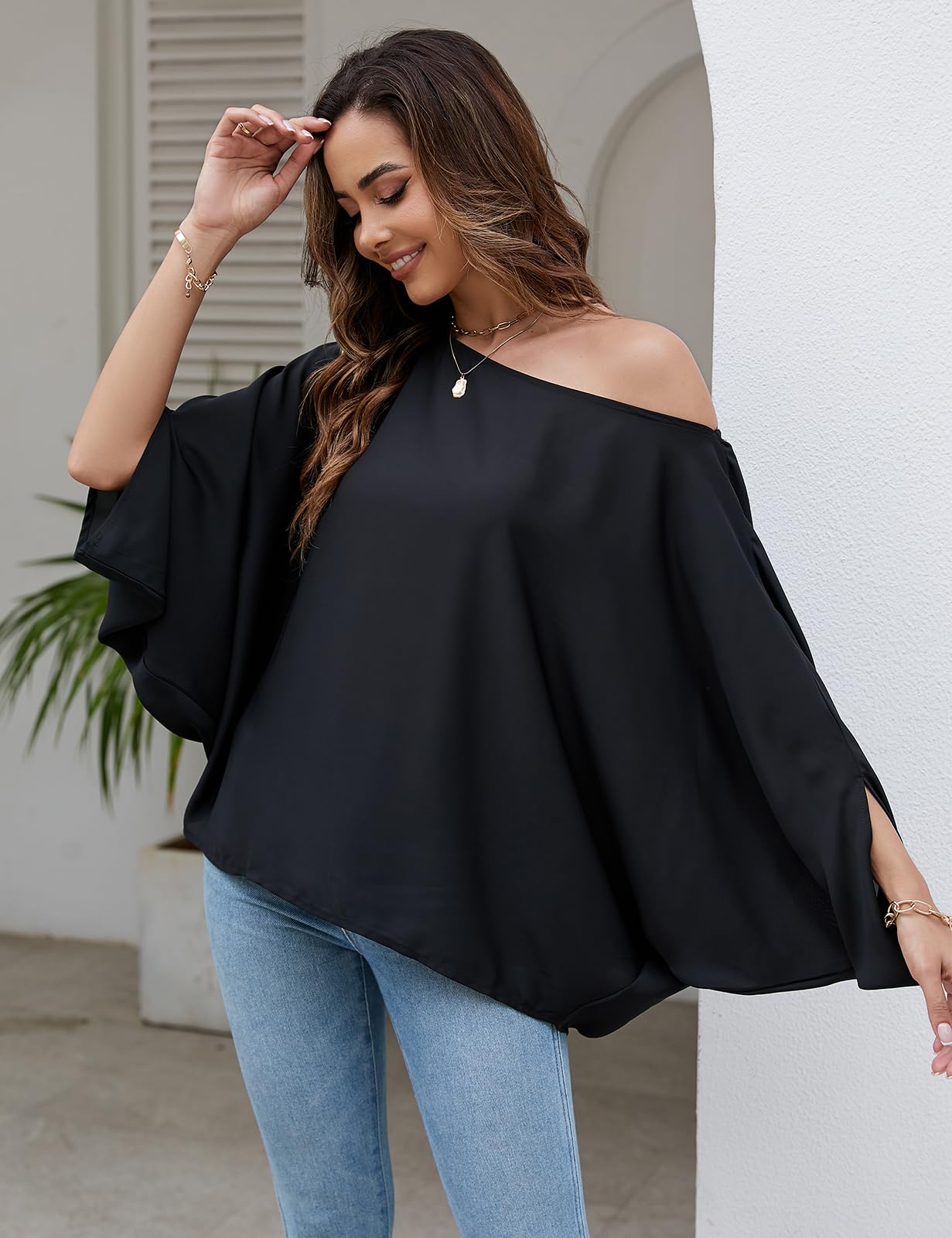 Off The Shoulder Flowy Tops Casual Batwing Sleeves
