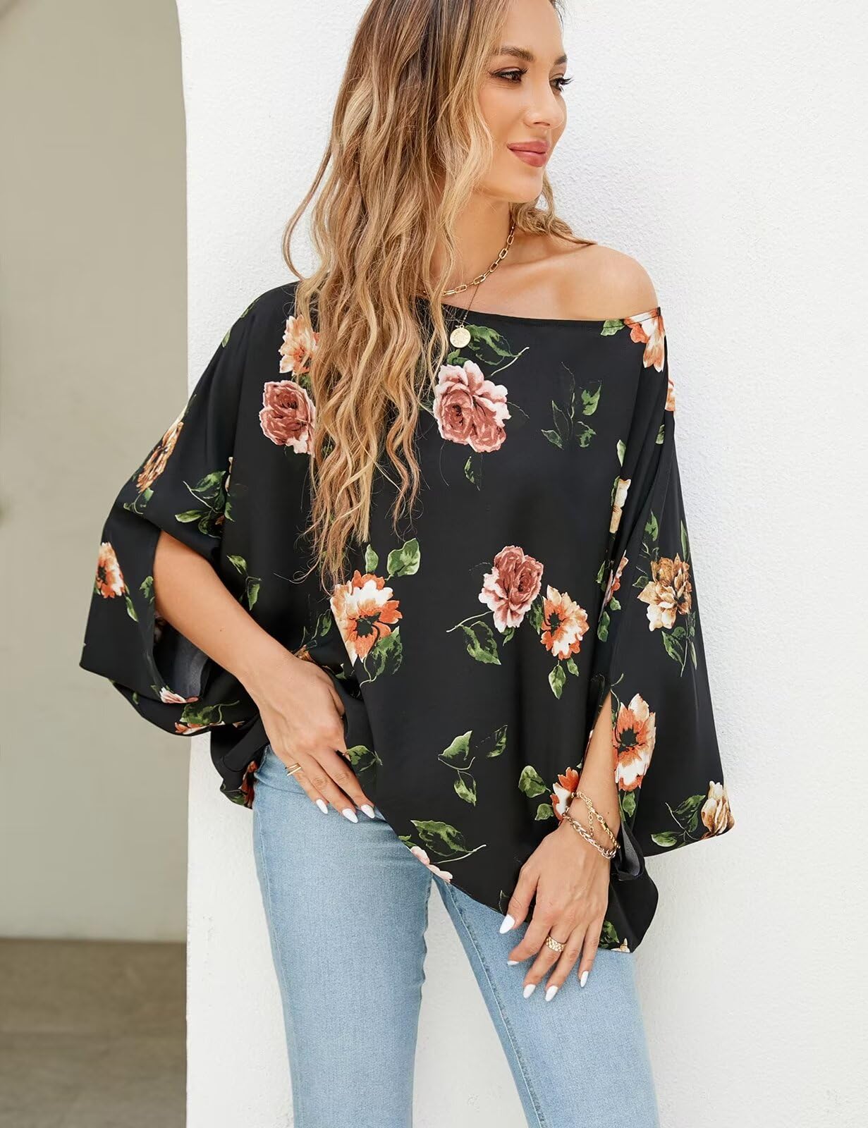 Off The Shoulder Flowy Tops Casual Batwing Sleeves