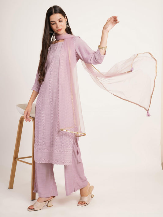 Silk Blend Chikankari Embroidery Kurta set with Dupatta