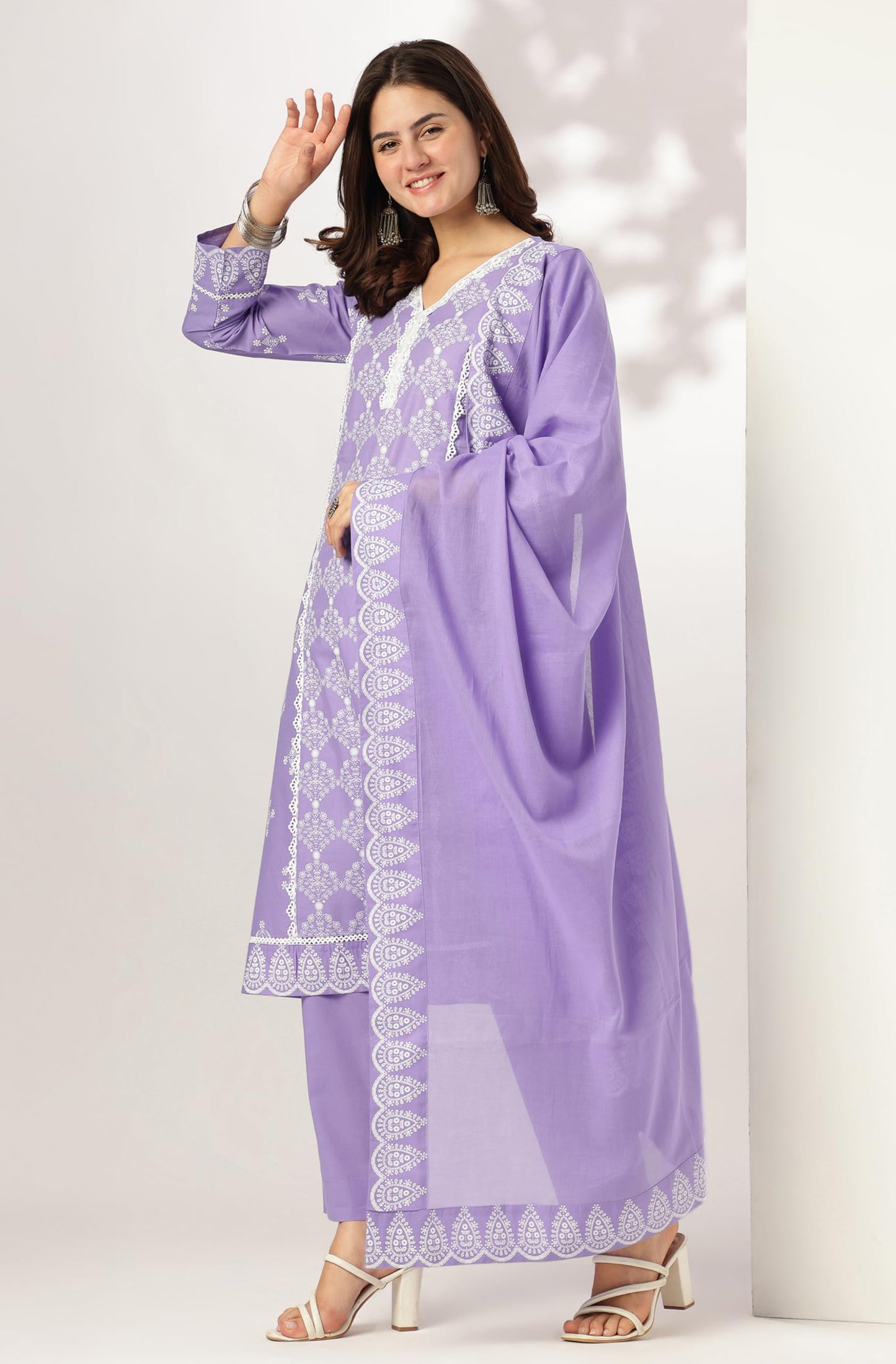 Lavender Pure Cotton Ethnic Motifs Printed A-line Kurta Set